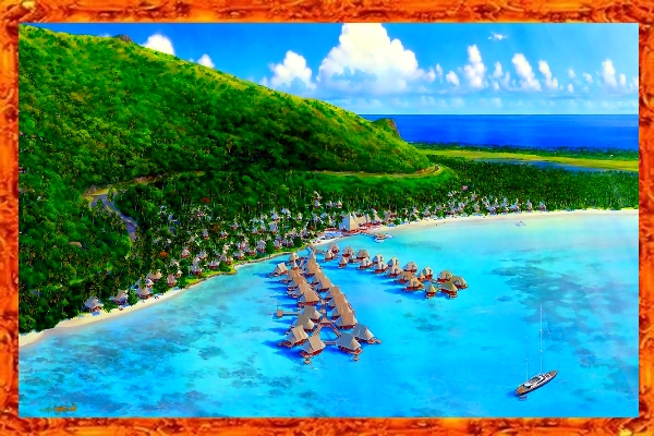 une vue aériéne du club med le plus connu de polynéie.